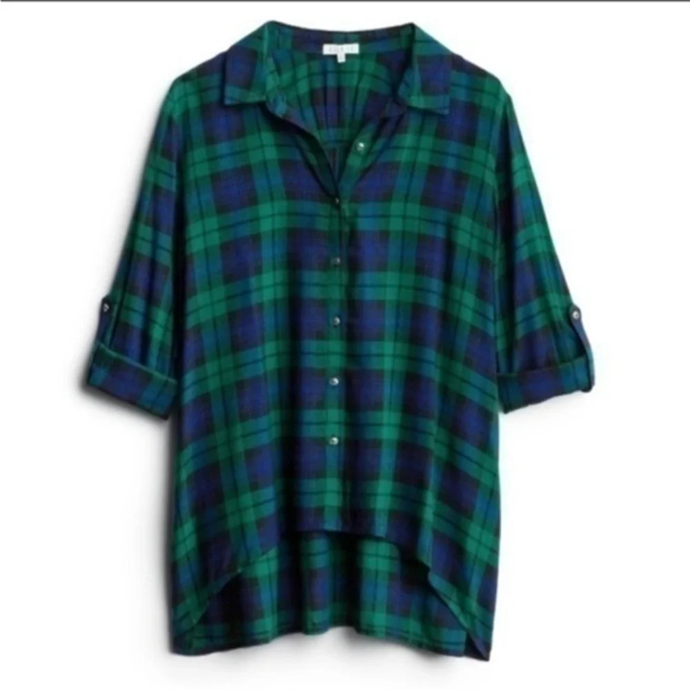 New Lila Li Cemone Plaid Shirt Blue Green